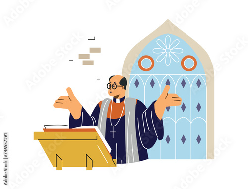 Christian Catholic preacher during worship service in church, vector isolated.