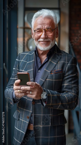 Happy confident mid aged older male company ceo executive wearing suit holding cellphone standing in office using business mobile apps technology financial online solutions on phone