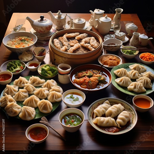 Food on a plate. A Chinese breakfast tradition featuring momo and sauce.
