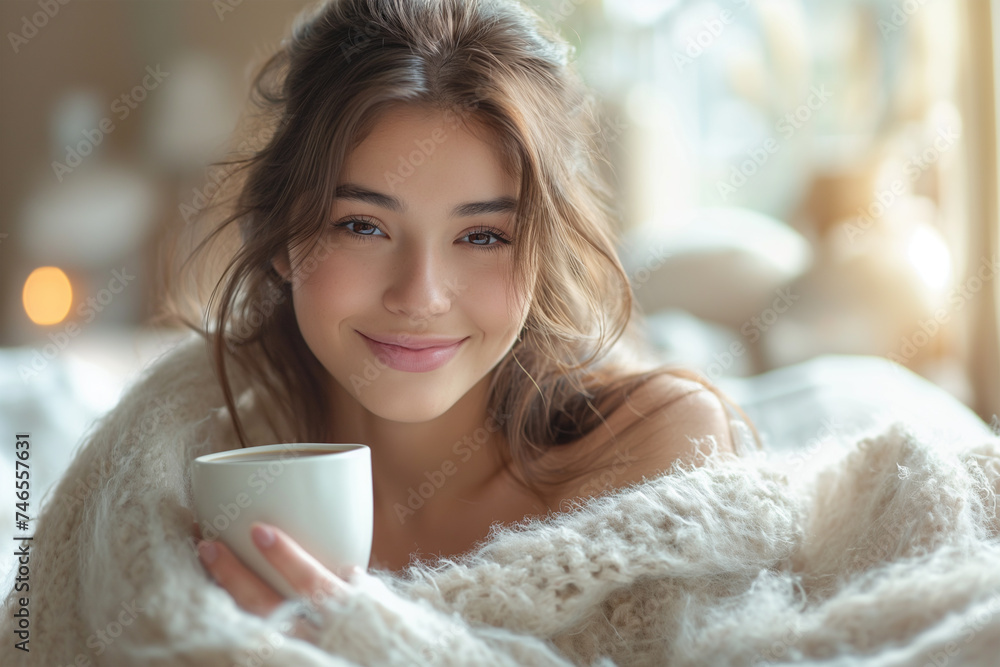 Smiling woman sitting on bed holding coffee cup Smiling woman sitting on bed holding coffee cup