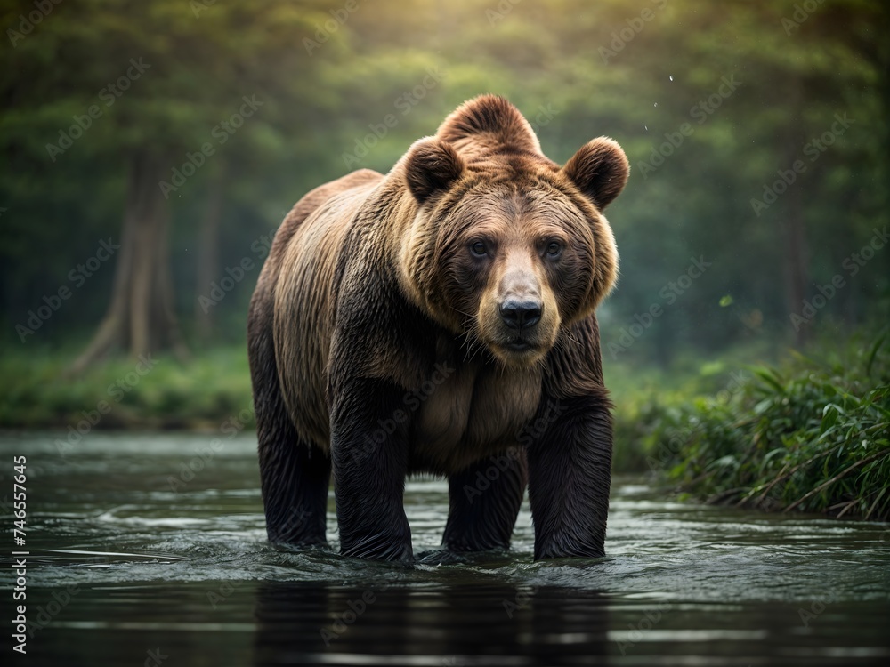 A stunning image capturing the raw beauty of nature as a powerful bear confidently traverses through shallow waters against a lush, green jungle backdrop