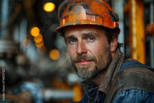 A male industrial worker with a safety helmet poses amidst machinery with a confident look