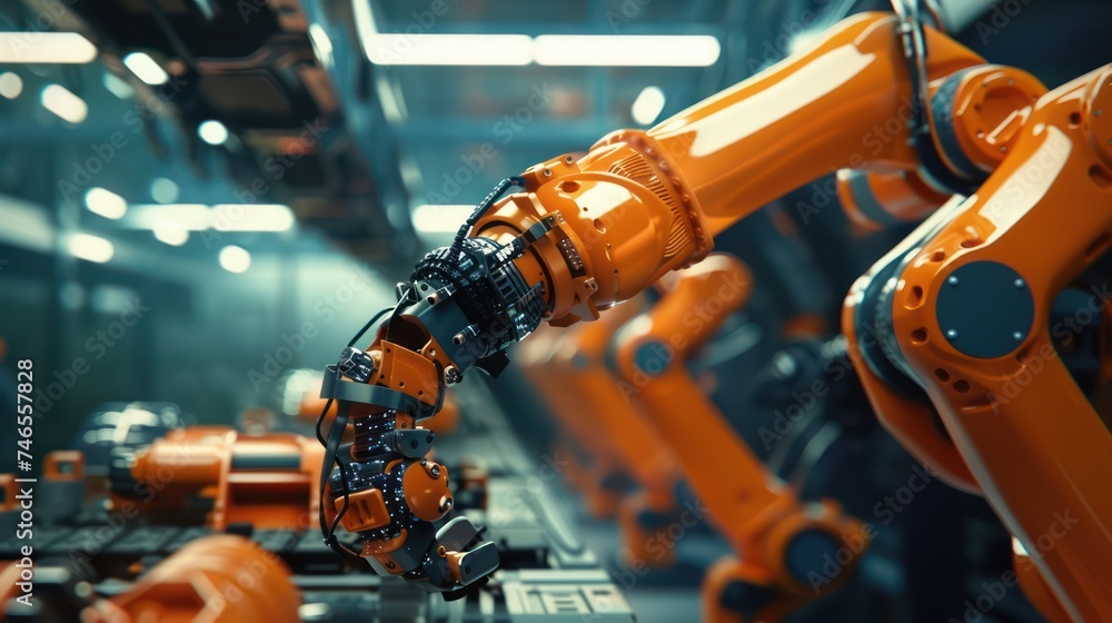orange robotic arm is pivotal in producing electric vehicle batteries, representing the revolution in green energy vehicles.