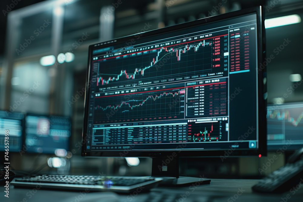 Computer glowing forex index chart with grid on blurry background. Market, finance. AI Generated Computer glowing forex index chart with grid on blurry background. Market, finance. AI Generated