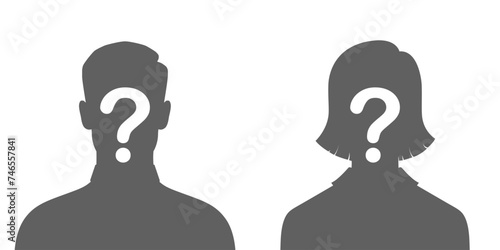Man and woman silhouettes with question marks.  Anonymous persons graphic signs isolated on white background. Vector illustration
