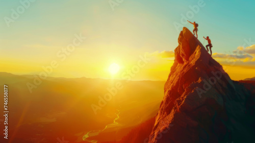 silhouette climbers manage to ascend to the summit a mountain sunset after hard teamwork reaping the rewards collaboration to achieve common goals and accomplishments  attaining success through effort