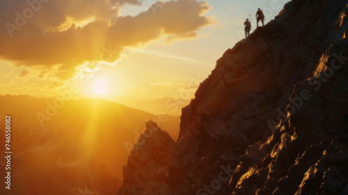 silhouette climbers manage to ascend to the summit a mountain sunset after hard teamwork reaping the rewards collaboration to achieve common goals and accomplishments  attaining success through effort