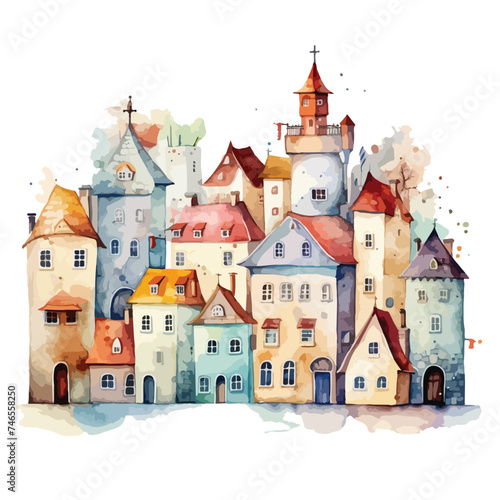 Watercolor FairyTale Town Clipart Isolated on White