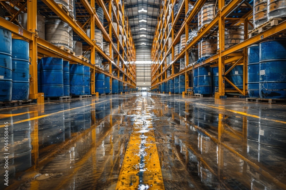 Long warehouse aisle with shiny floor reflecting blue chemical barrels and yellow lines Long warehouse aisle with shiny floor reflecting blue chemical barrels and yellow lines