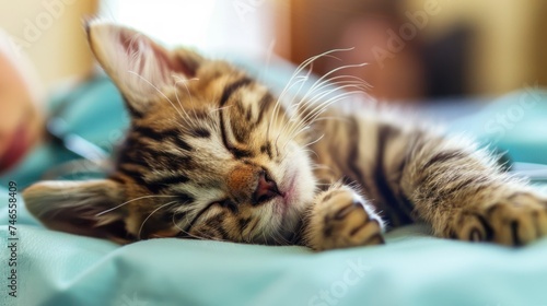 Sleeping Kitten with Whiskers in Soft Focus. A peaceful kitten with striking whiskers sleeps soundly on a soft blue blanket, a picture of tranquility and rest. photo