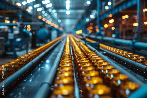 An industrial image capturing the mechanical production line with glowing bottles conveying automation and manufacturing processes