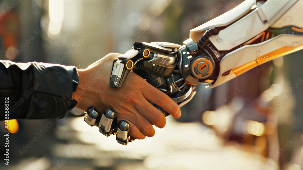 Ai hand shaking hands with a human hand. Partnership development concept. Ai hand shaking hands with a human hand. Partnership development concept.
