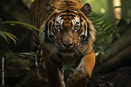 Close-up of a large tiger emerging from the middle of the forest.