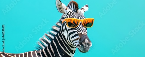  Stylish zebra with orange sunglasses on a blue background  