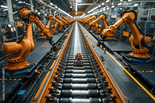 A view of industrial automation with robotic arms engaged in high-precision tasks along a production line