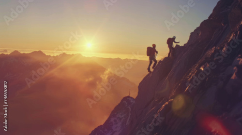 silhouette climbers manage to ascend to the summit a mountain sunset after hard teamwork,reaping the rewards collaboration to achieve common goals and accomplishments, attaining success through effort