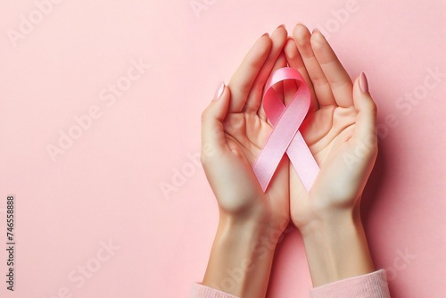 Woman hands holding pink ribbon on pink background. Top view, with copy space for text. Breast cancer awareness.