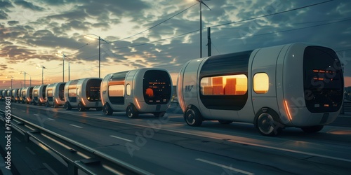 Autonomous electric pods in convoy at sunset. Futuristic city transportation concept. Smart public transit solution for design and advertising