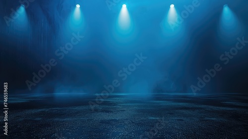 A dark empty street, dark blue background, an empty dark scene, neon light, spotlights The asphalt floor and studio room photo