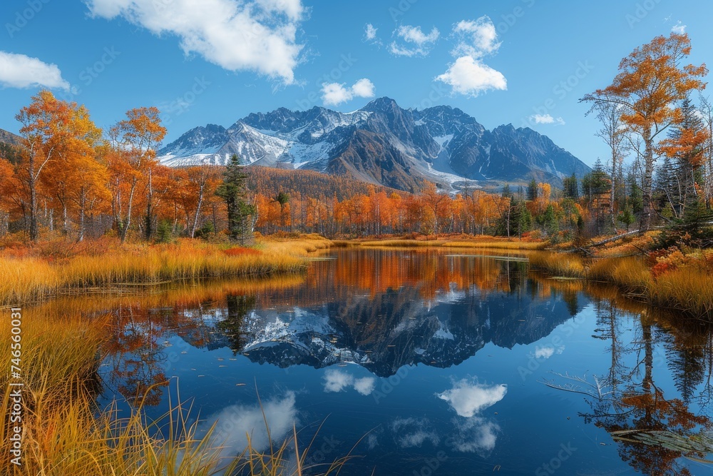 Breathtaking view of a serene lake surrounded by vibrant autumn trees and majestic snow-capped mountains Breathtaking view of a serene lake surrounded by vibrant autumn trees and majestic snow-capped mountains
