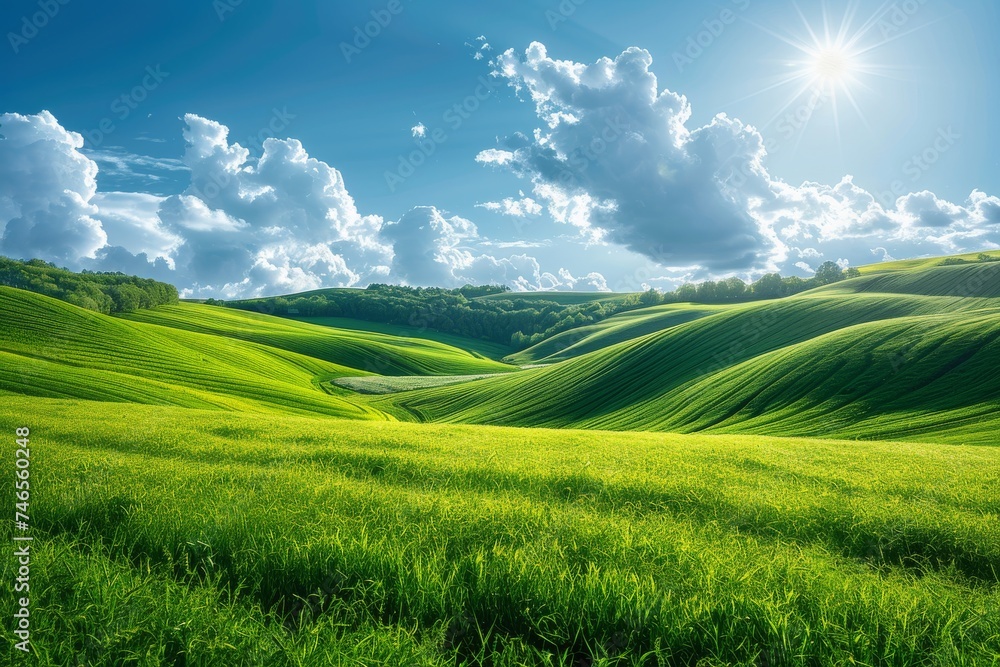 Fototapeta premium Breathtaking landscape of vibrant green hills under a clear sky with the sun radiating warmth and light