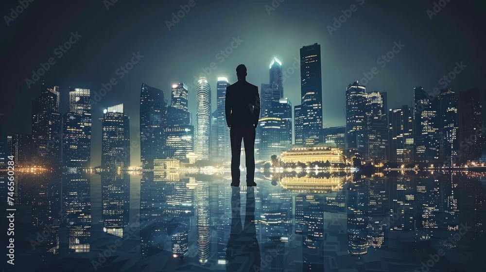 Businessman Cityscape Skyline Night Light Vision Concept Businessman Cityscape Skyline Night Light Vision Concept