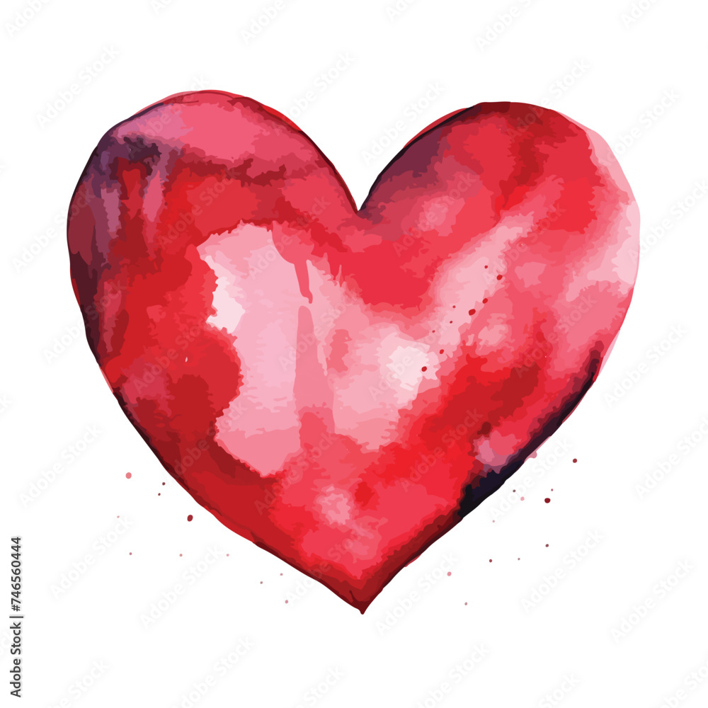 Watercolor Red Heart Painted With Hand Drawn. Valent