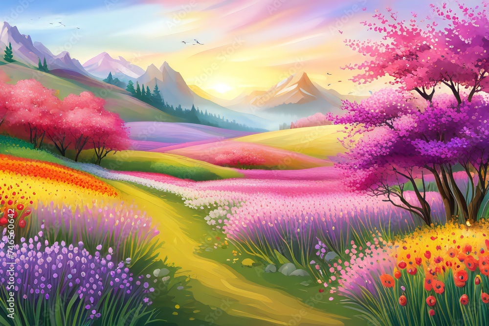 Nature. Cute illustration spring landscape, meadow field flowers and mountains for poster, background or cover.