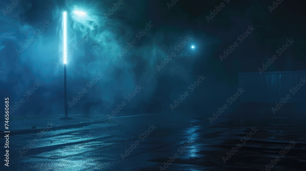 Dark empty scene, blue neon searchlight light, wet asphalt, smoke, night view, rays.