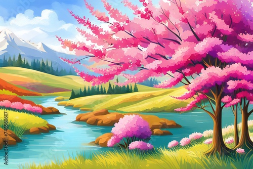 Nature. Cute illustration spring landscape, meadow field flowers and mountains for poster, background or cover. © Любовь Переславцева