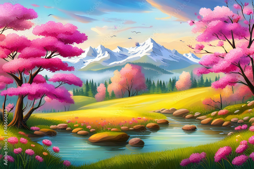 Beautiful spring landscape. magnificent blooming forest glade flowers with stunning mountains in background.