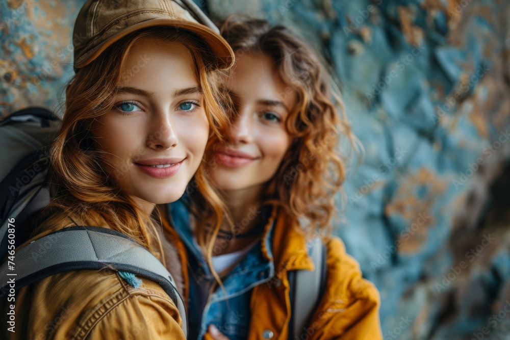 Close-up of two affectionate women in casual outdoor wear sharing a tender moment Close-up of two affectionate women in casual outdoor wear sharing a tender moment