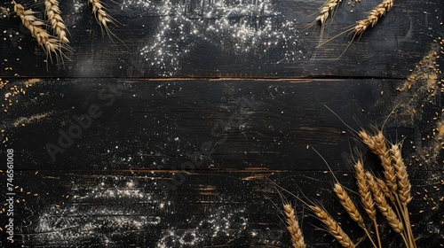 Flat lay composition with wheat flour on black wooden table