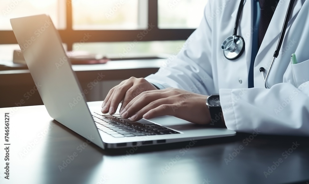A Focused Doctor Analyzing Patient Data on Laptop A Focused Doctor Analyzing Patient Data on Laptop