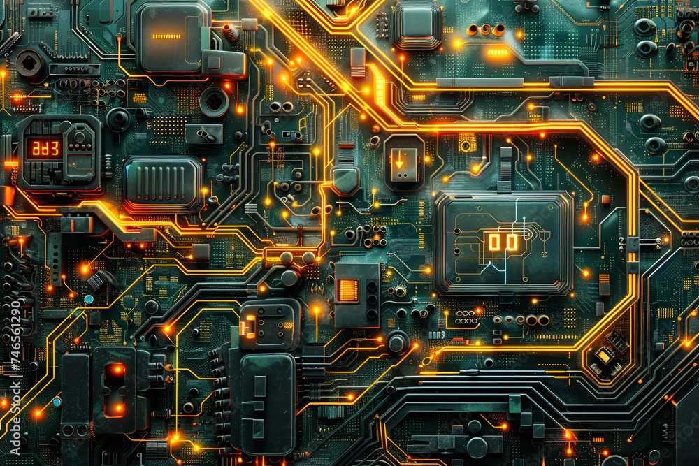 Complex circuit board landscape with illuminated pathways, symbolizing advanced technology Complex circuit board landscape with illuminated pathways, symbolizing advanced technology