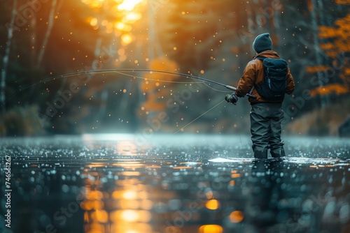 A serene shot of a lone angler standing in a river amidst sparkling waters as sun rays beam through the trees
