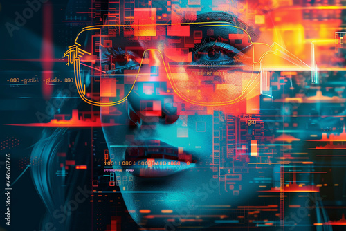 Futuristic cyber face overlay with digital elements, concept of AI and technology innovation