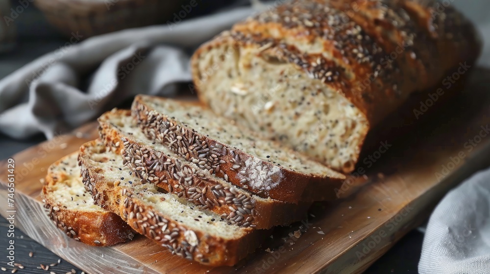 Multi grain sourdough bread with flax seeds cut on a wooden board, closeup view. Healthy vegan bread choice