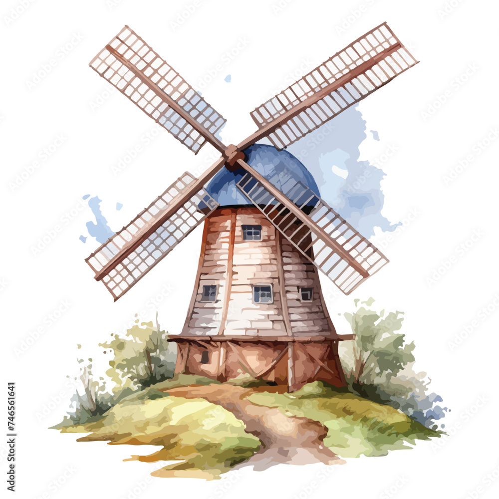 Watercolor Windmill Clipart  Isolated on White Background