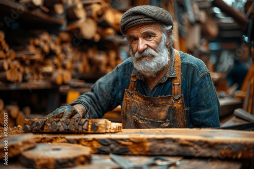 An aged man with a cap and overalls handles a wooden piece in his workshop, surrounded by tools and wood