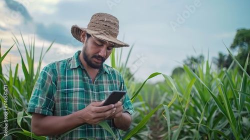 Plant agronomists use the main mobile internet network to validate, test, and select new cultivation methods. Young farmers and sugarcane farming photo