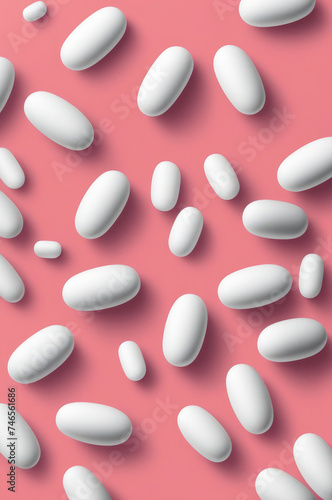 White Pills Scattered on Pastel Background