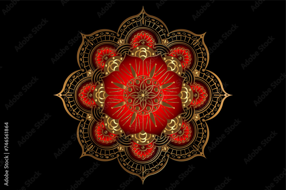 Luxury Mandala with beautiful vintage circular pattern of indian. Round gold floral decoration on red color, vector illustration isolated on black background 