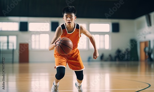 Young Man Dribbling Basketball on Basketball Court © uhdenis