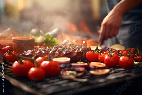 Person grilling fresh produce and beef on a barbecue. Time for barbecue party. 