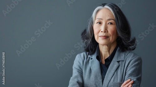 Stylish confident adult 50 years old Asian female psychologist standing arms crossed looking at camera at gray background. photo