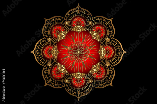 Luxury Mandala with beautiful vintage circular pattern of indian. Round gold floral decoration on red color, vector illustration isolated on black background 