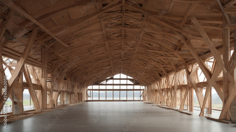 Inside a half-constructed building, the exposed truss system hints at the future structure

