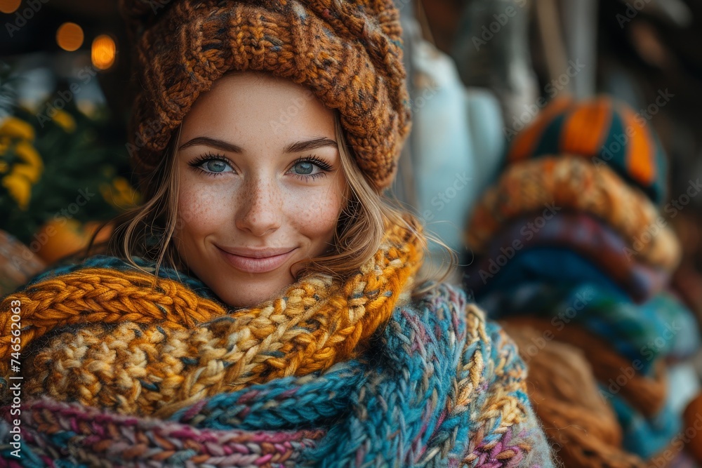 A cheerful young woman in vibrant winter attire poses warmly, her eyes sparkling with joy A cheerful young woman in vibrant winter attire poses warmly, her eyes sparkling with joy