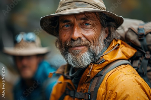 A mature bearded hiker with a warm smile wearing outdoor gear on a trail